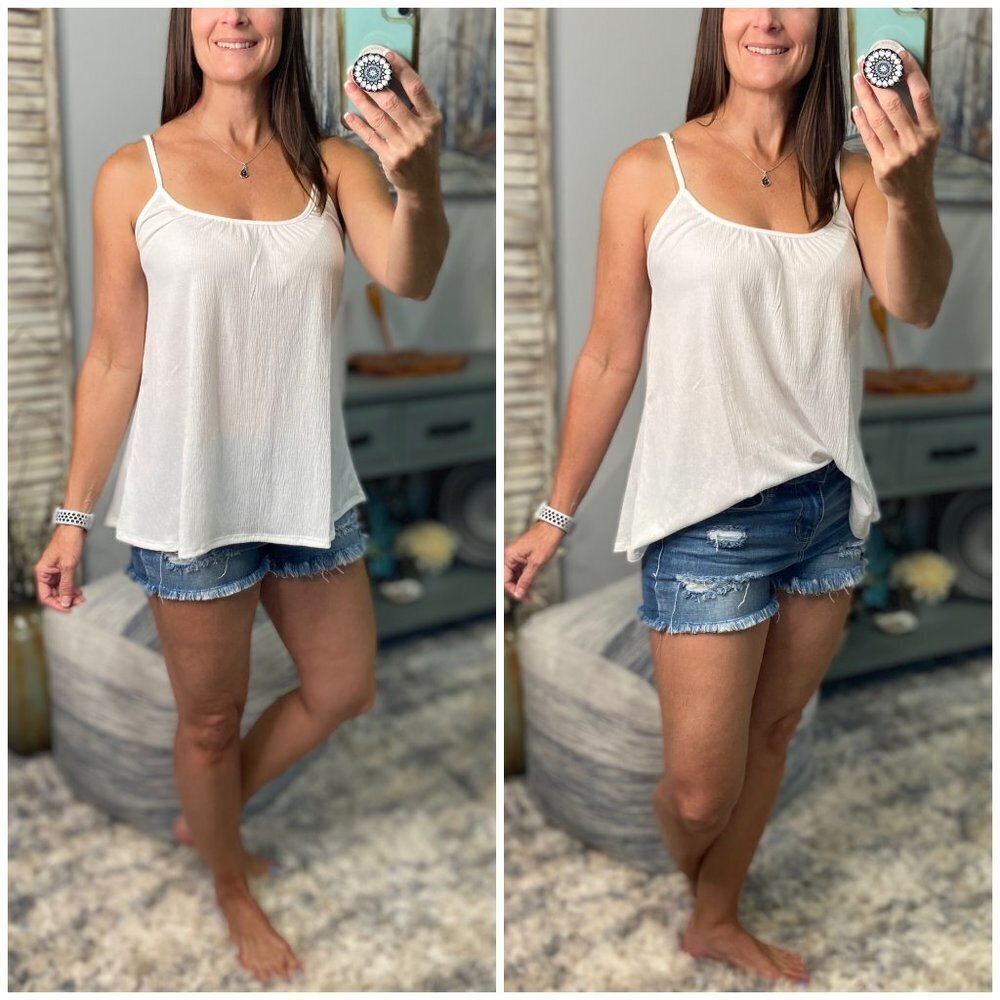 ❤️‍🔥Scoop Neck Spaghetti Strap Floaty Textured Tank Shirt Top White 2322